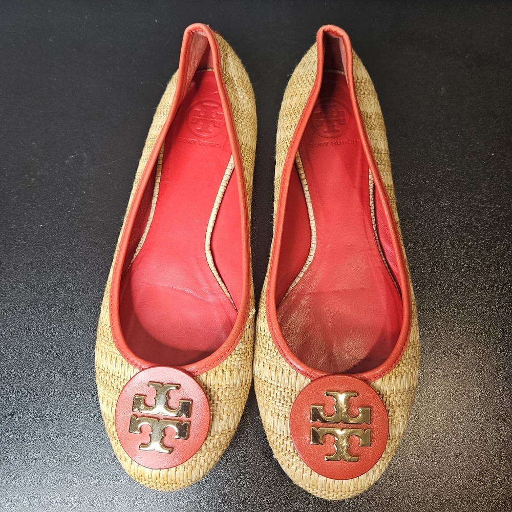 Tory Burch Reva Woven Raffia Ballet Flats Size 11 Double T Logo Red Trim - Picture 4 of 9